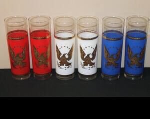 Vintage Set 6 Federal Glass Patriotic Tom Collins Glasses Red White Blue Gold
